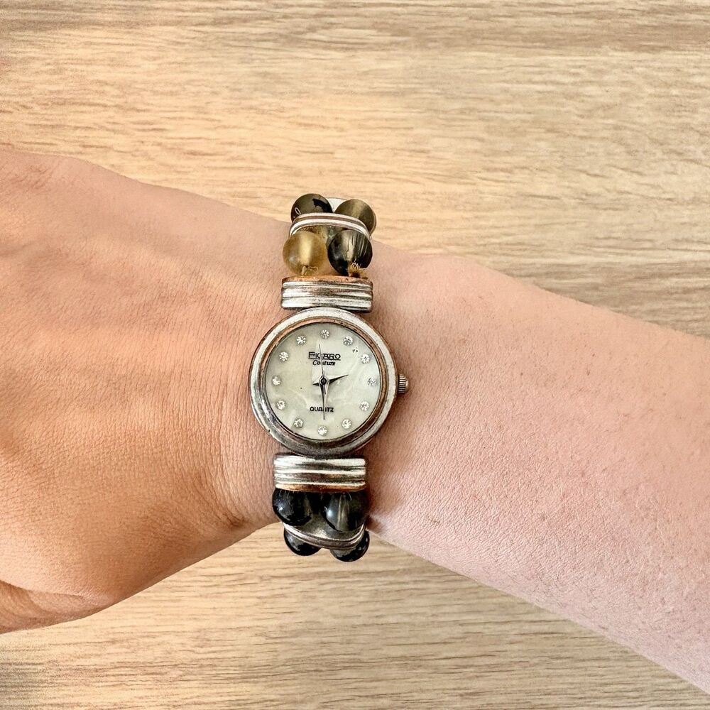 Vintage Figaro Couture Beaded Stretch Bracelet Watch Faux Mother of Pearl Dial